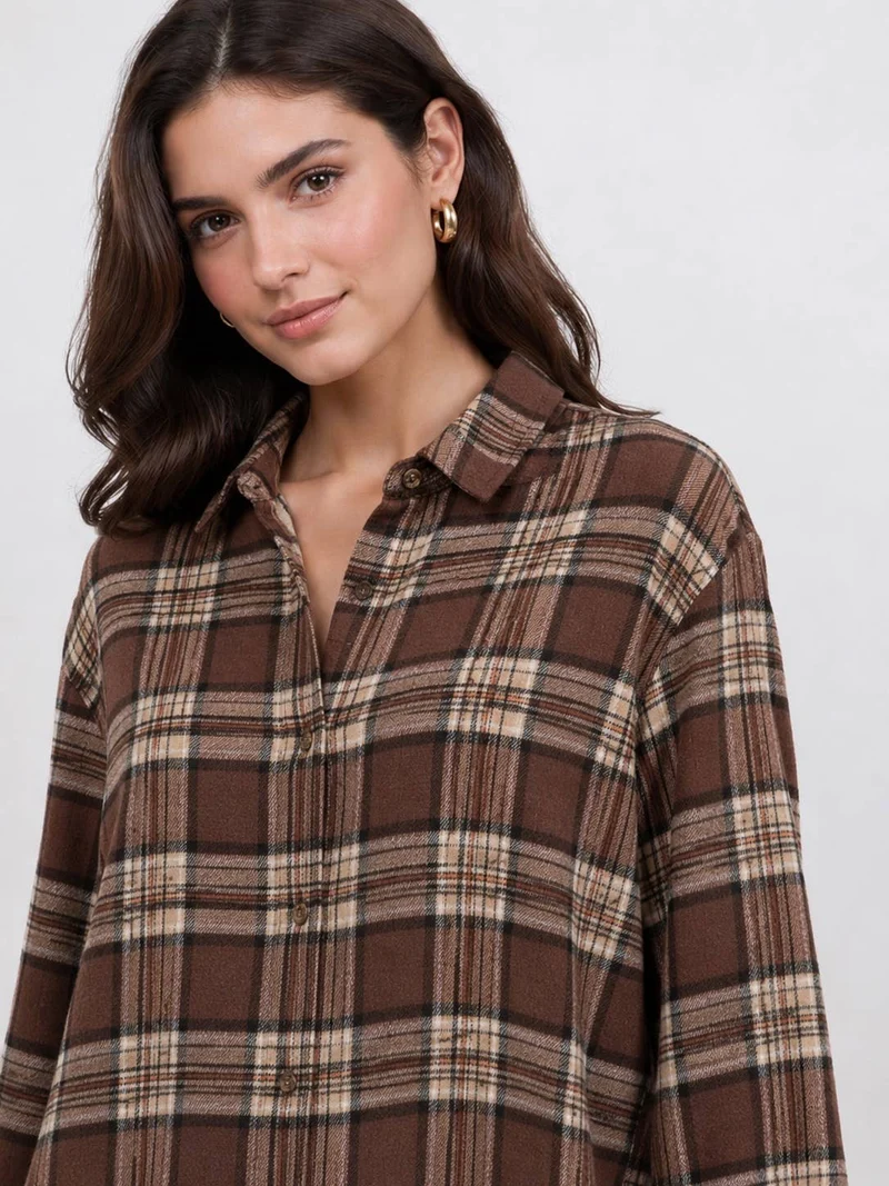 Women's Plaid Back Shirring Button Shirt: MILLIE / L