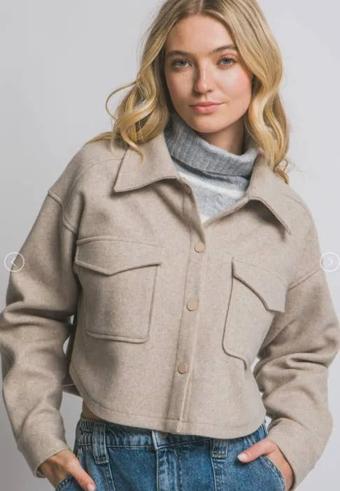Fleece Shirt Jacket | Soft Snap Front Shacket: Taupe / Contemporary / L