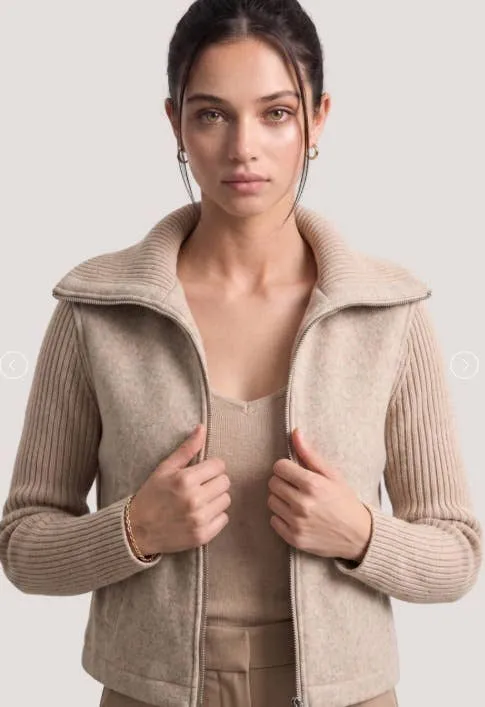 Zip Front Sweater Jacket | Ribbed Sleeve Knit Layer : Black / Contemporary / L