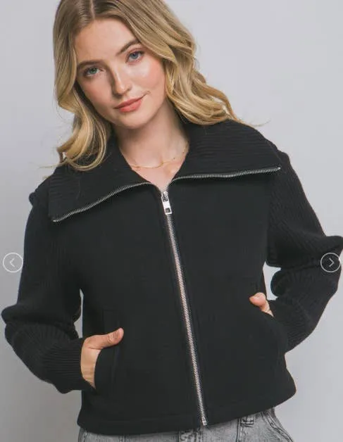 Zip Front Sweater Jacket | Ribbed Sleeve Knit Layer : Black / Contemporary / L
