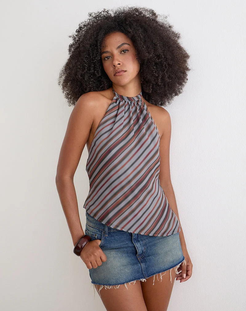 Astina-Halter-Top aus Chiffon mit diagonalen Streifen in Grau und Bordeauxrot