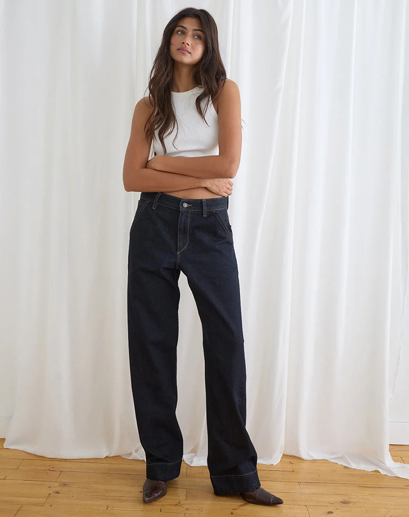Jeans mit niedriger Leibhöhe, Cinch-Schnitt und gedrehten Nähten in Indigo