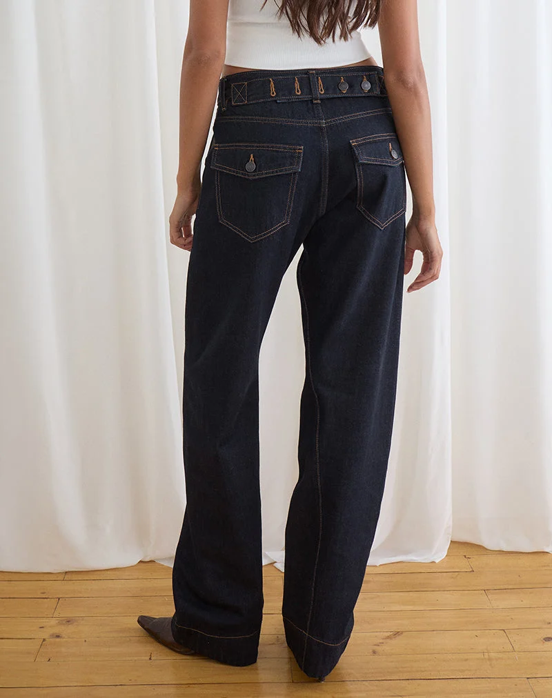 Jeans mit niedriger Leibhöhe, Cinch-Schnitt und gedrehten Nähten in Indigo