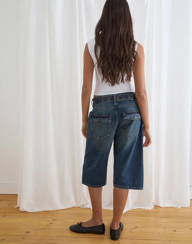 Twisted Cinch Denim-Shorts in Dirty Green