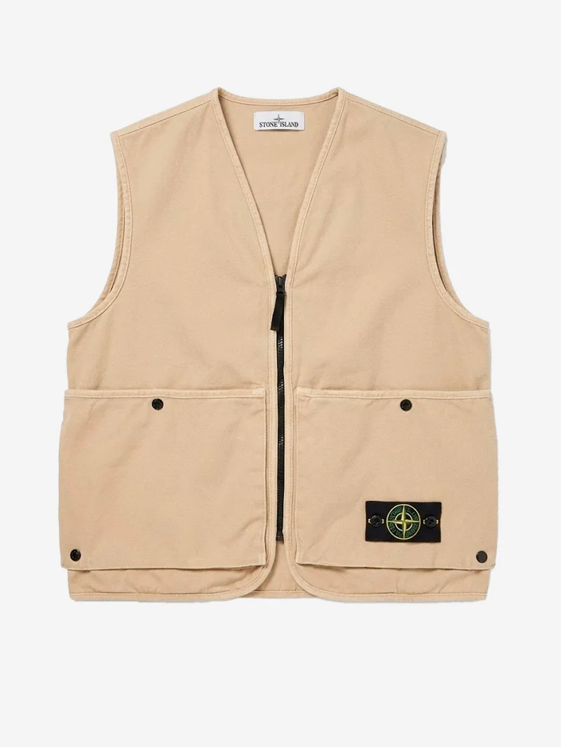 Gilet beige con zip e tasche e badge