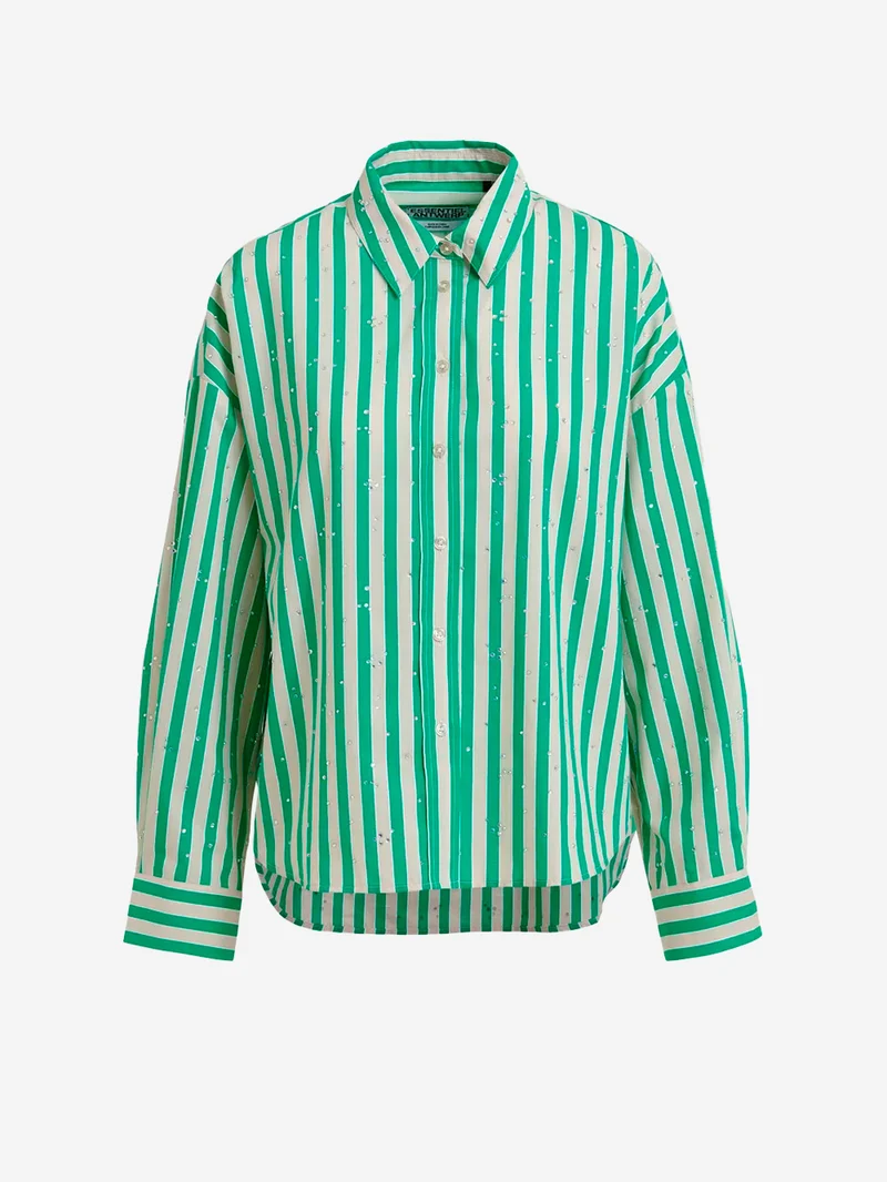 Camicia a righe in misto cotone crema e verde con decorazioni in strass