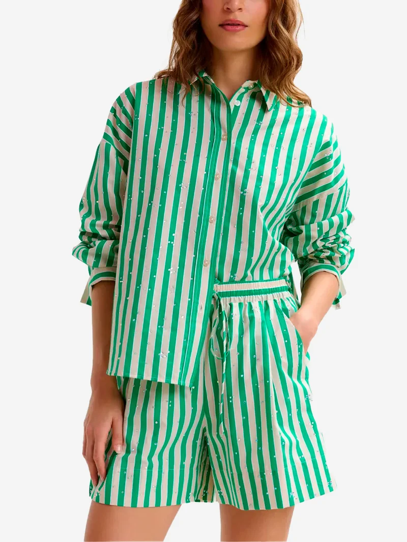 Camicia a righe in misto cotone crema e verde con decorazioni in strass