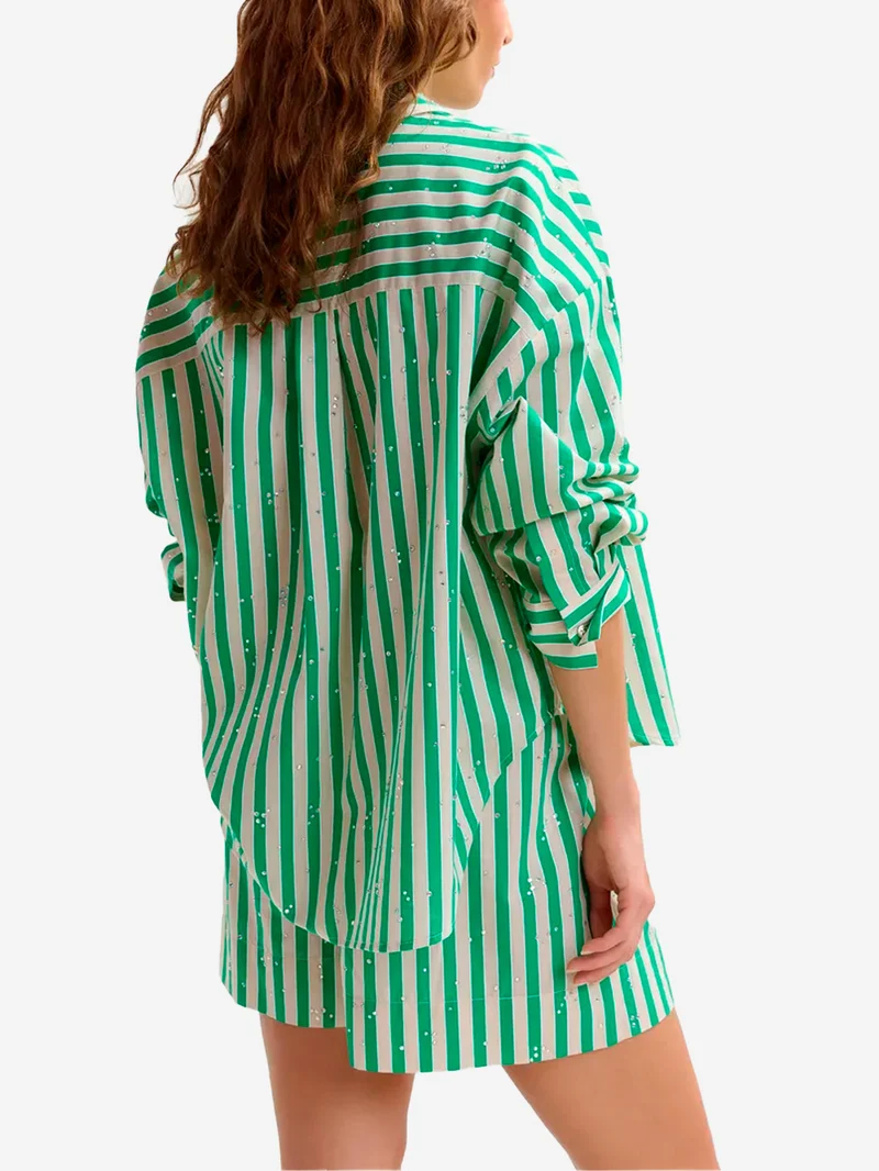 Camicia a righe in misto cotone crema e verde con decorazioni in strass