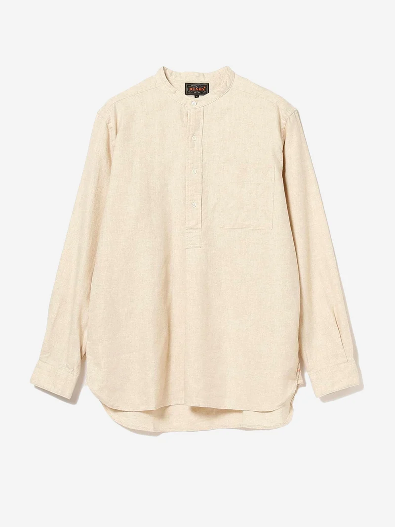Camicia pullover beige in misto lino con trama a spina di pesce e collo alla coreana