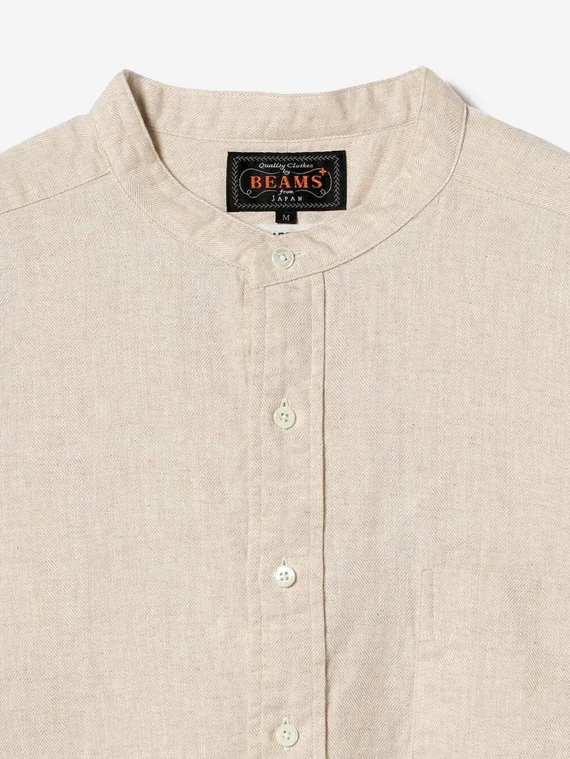 Camicia pullover beige in misto lino con trama a spina di pesce e collo alla coreana