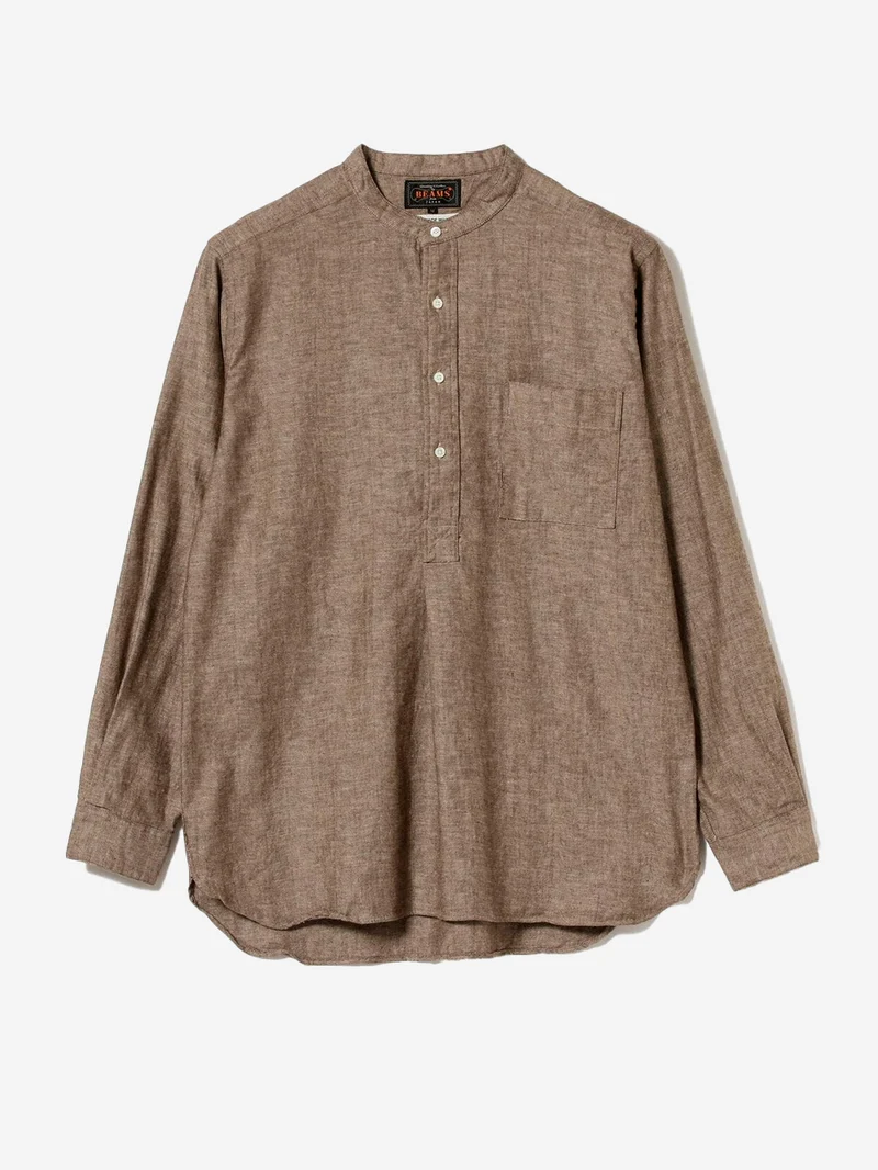 Camicia pullover marrone in misto lino con trama a spina di pesce e collo alla coreana