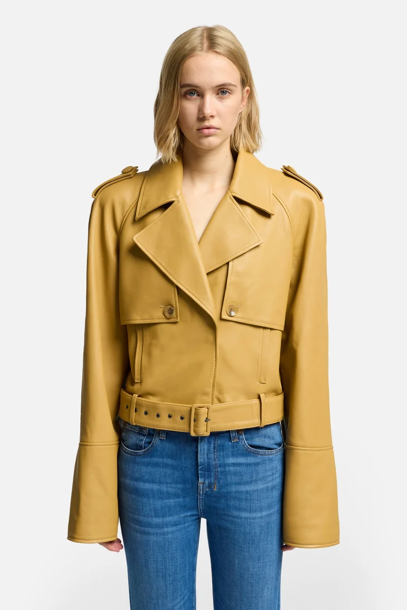Cropped Leather Biker Jacket in Honey