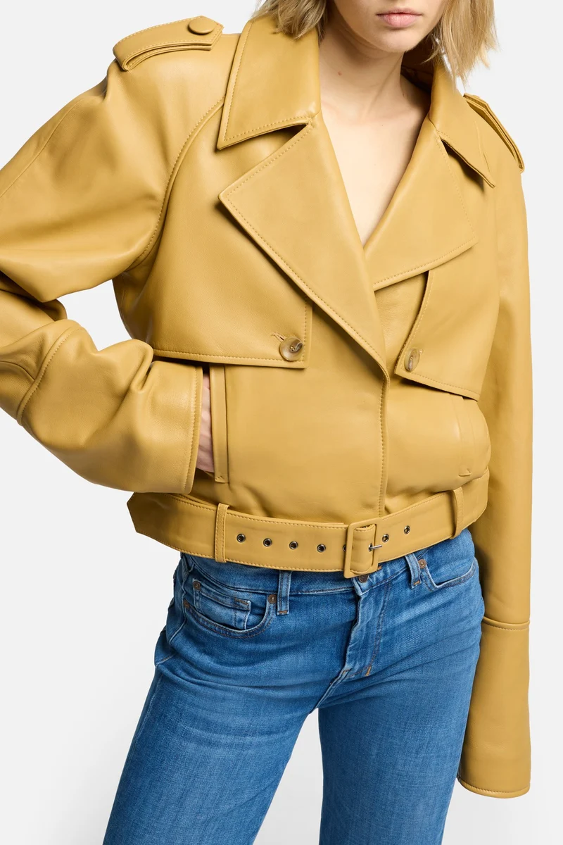 Cropped Leather Biker Jacket in Honey