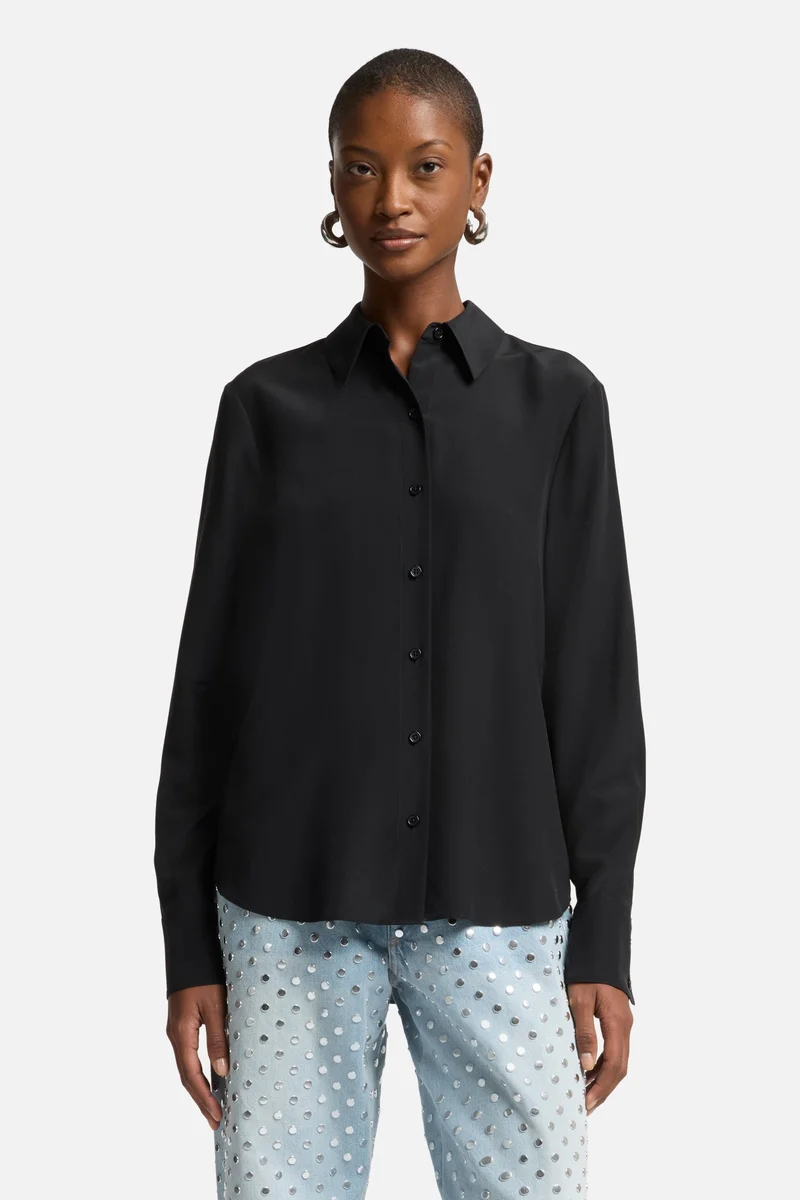 Long Sleeve Silk Blouse in Black