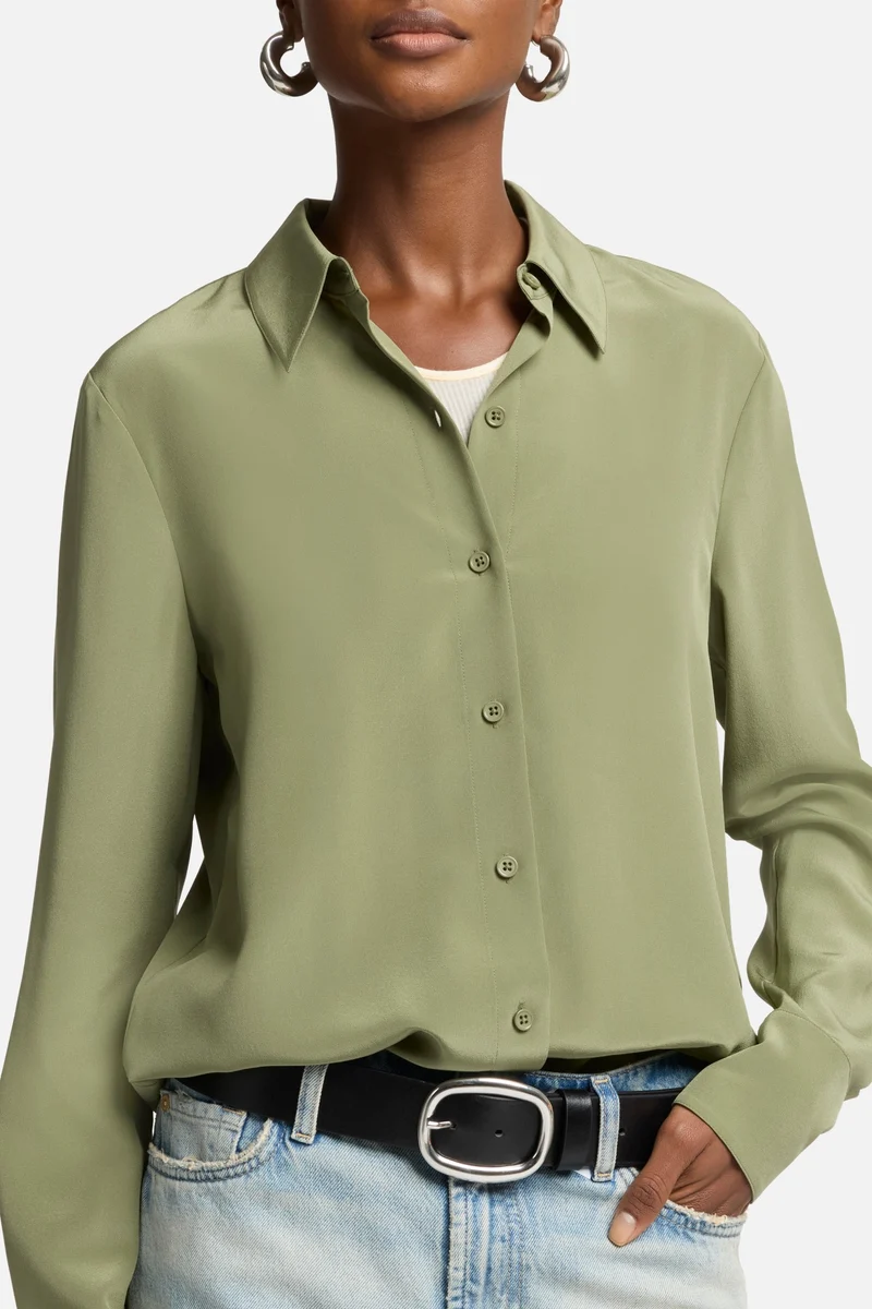 Long Sleeve Silk Blouse in Army