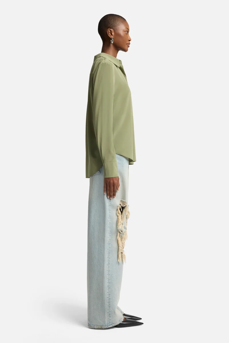 Long Sleeve Silk Blouse in Army