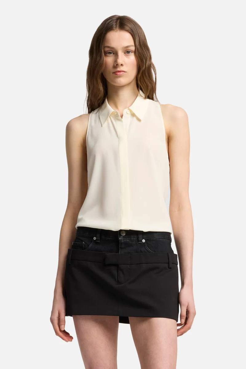 Sleeveless Silk Button Down in Ivory