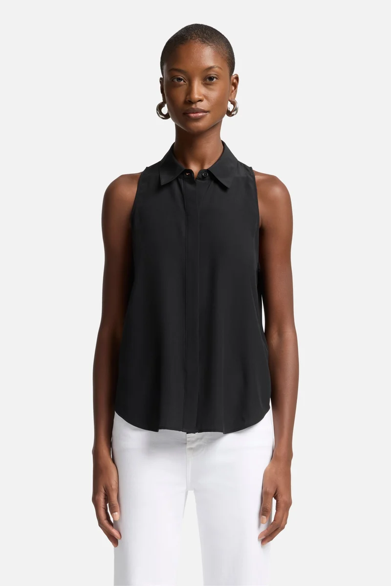 Sleeveless Silk Button Button Down in Black