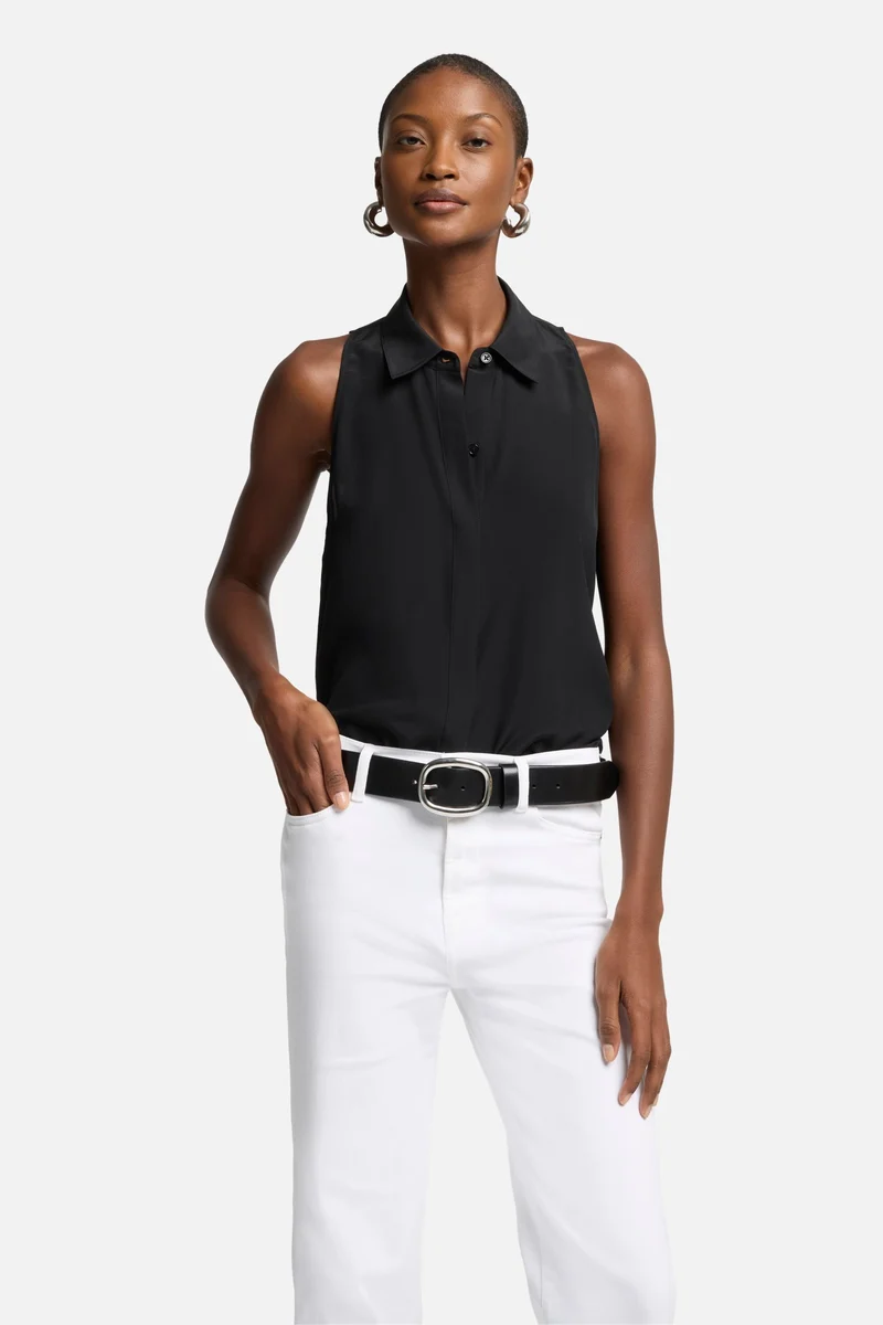 Sleeveless Silk Button Button Down in Black