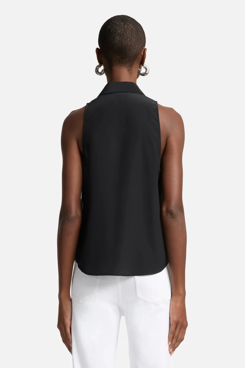 Sleeveless Silk Button Button Down in Black