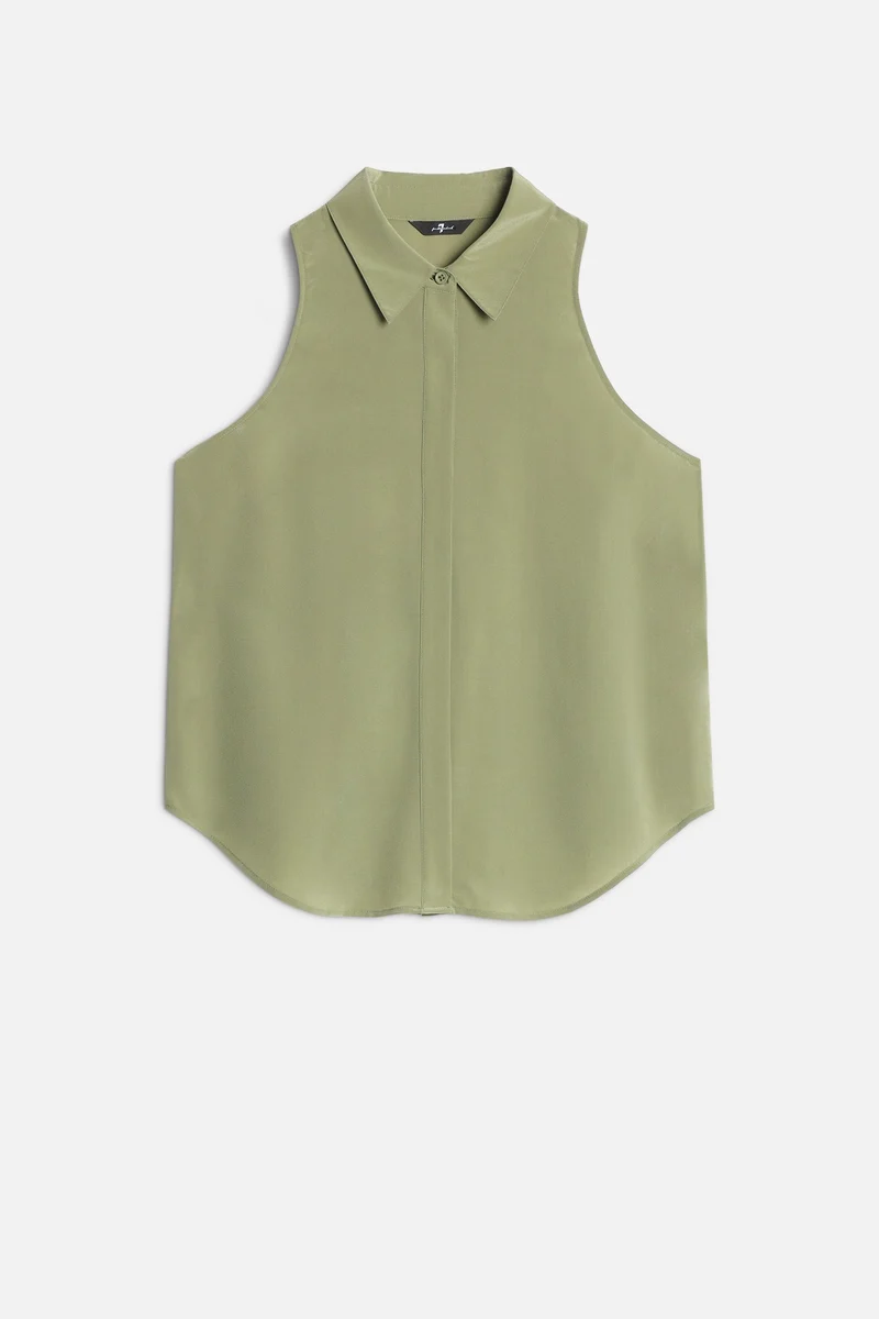 Sleeveless Silk Button Down in Army