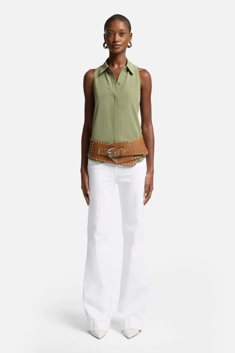 Sleeveless Silk Button Down in Army
