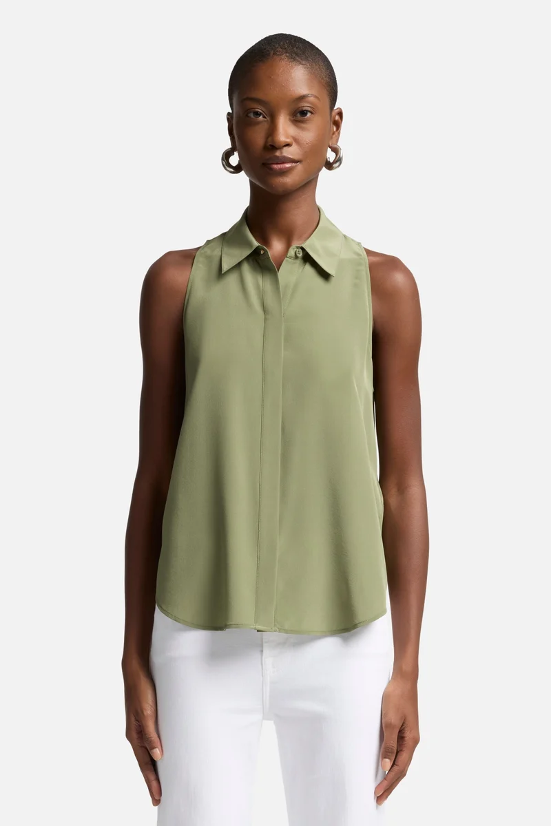 Sleeveless Silk Button Down in Army