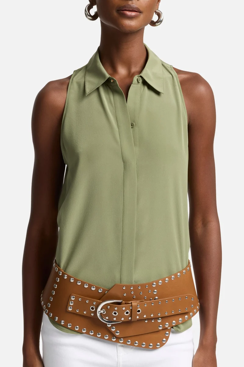 Sleeveless Silk Button Down in Army