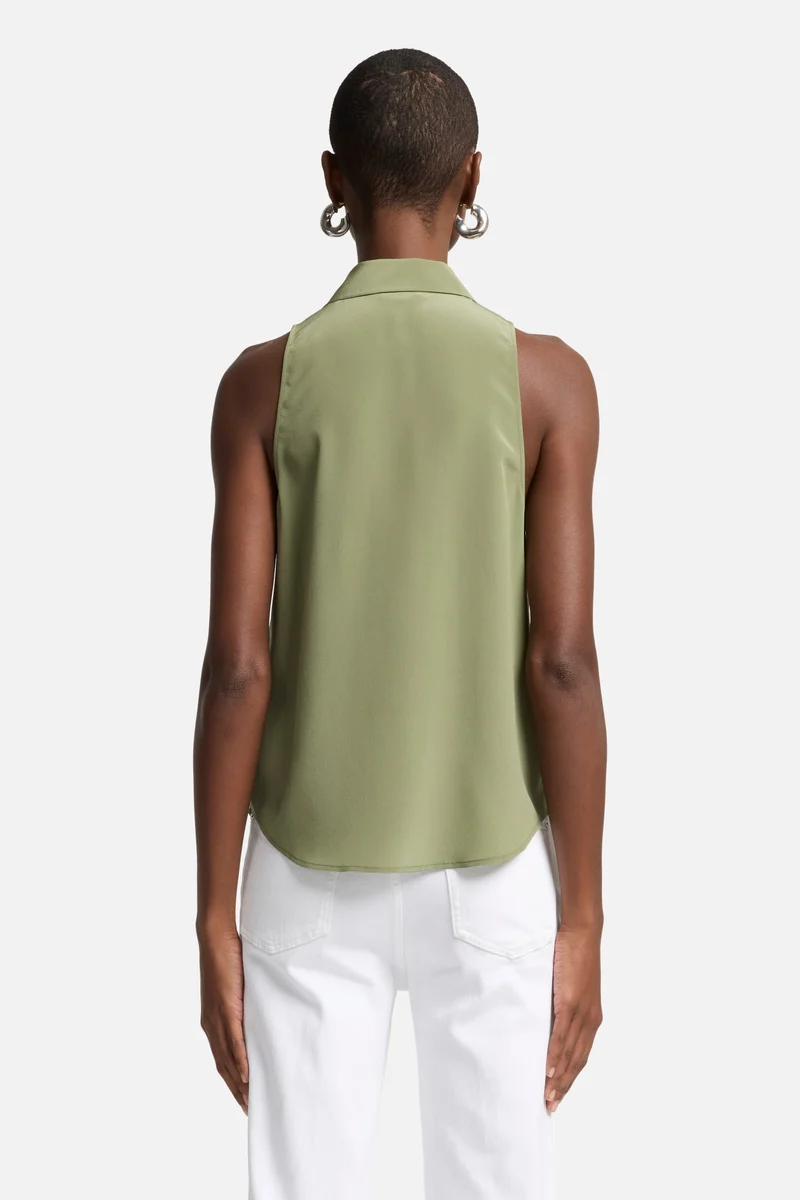 Sleeveless Silk Button Down in Army