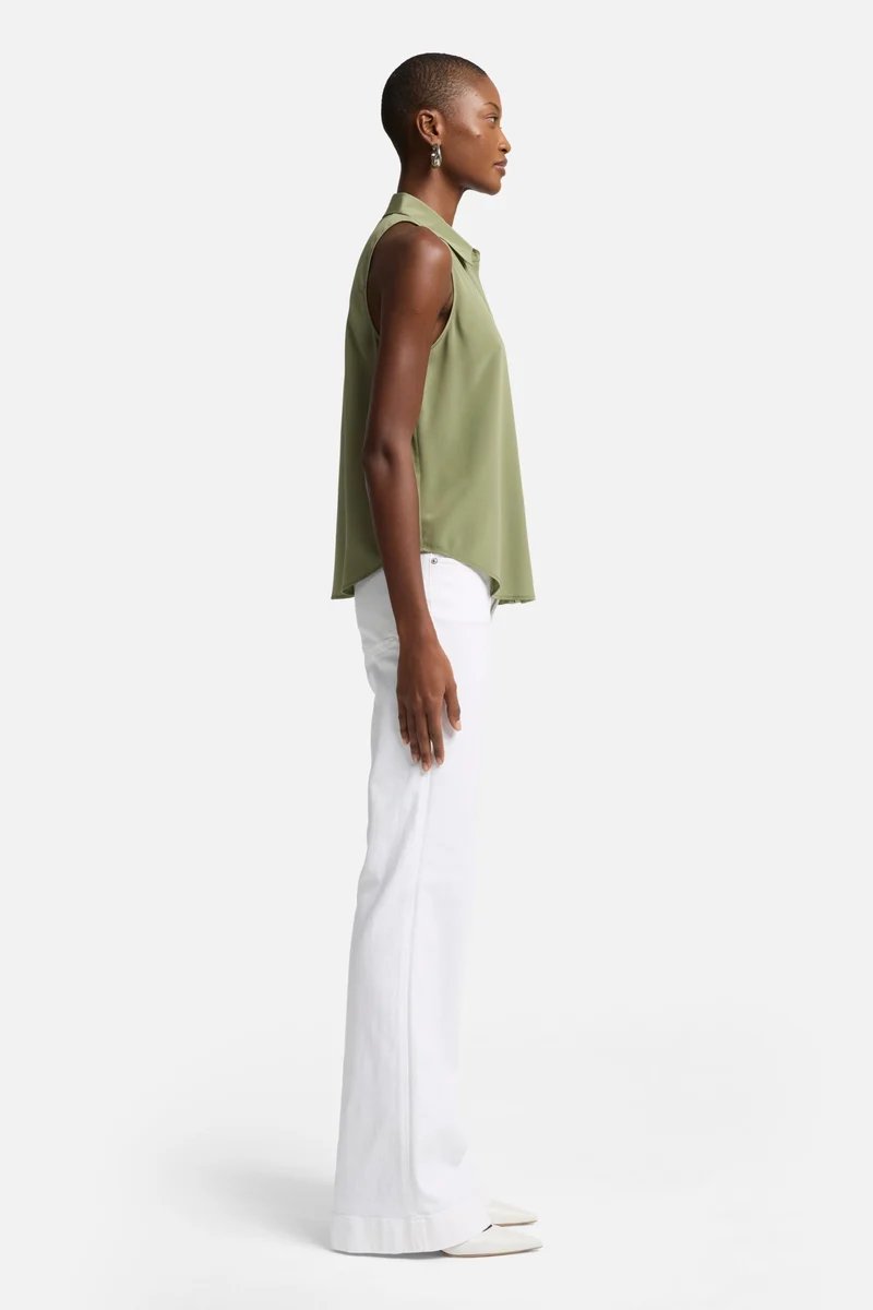 Sleeveless Silk Button Down in Army