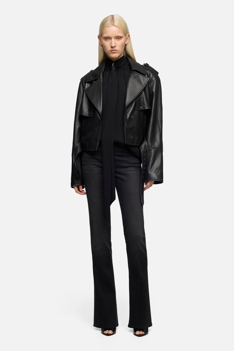 Italian Leather Cropped Moto Jacket in Black