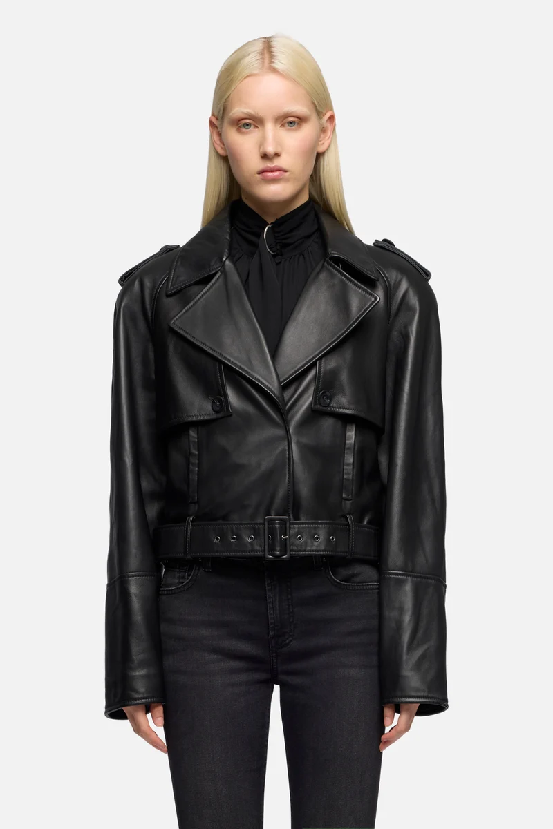 Italian Leather Cropped Moto Jacket in Black