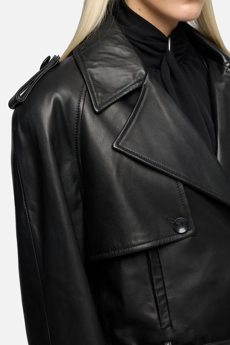 Italian Leather Cropped Moto Jacket in Black