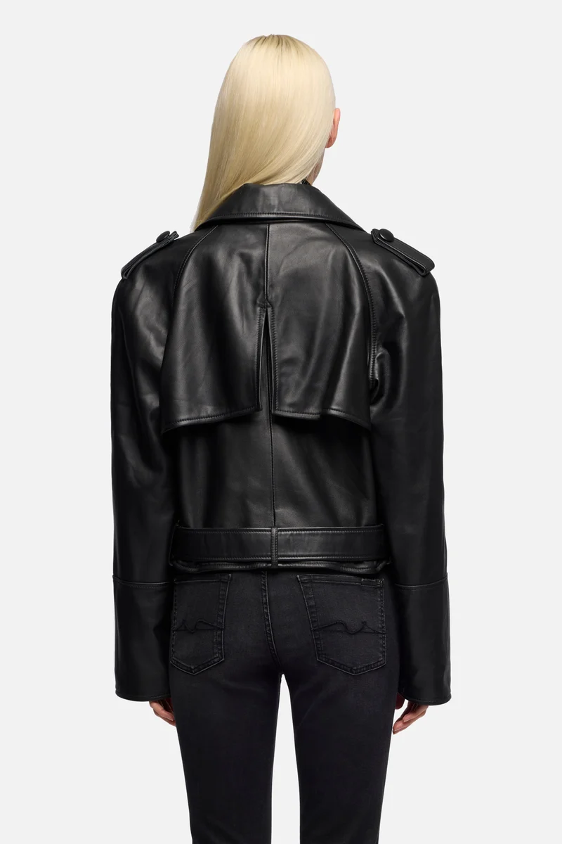 Italian Leather Cropped Moto Jacket in Black