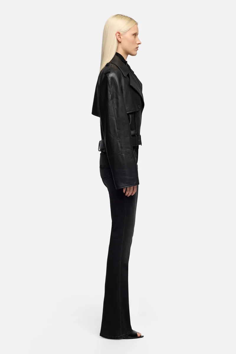Italian Leather Cropped Moto Jacket in Black