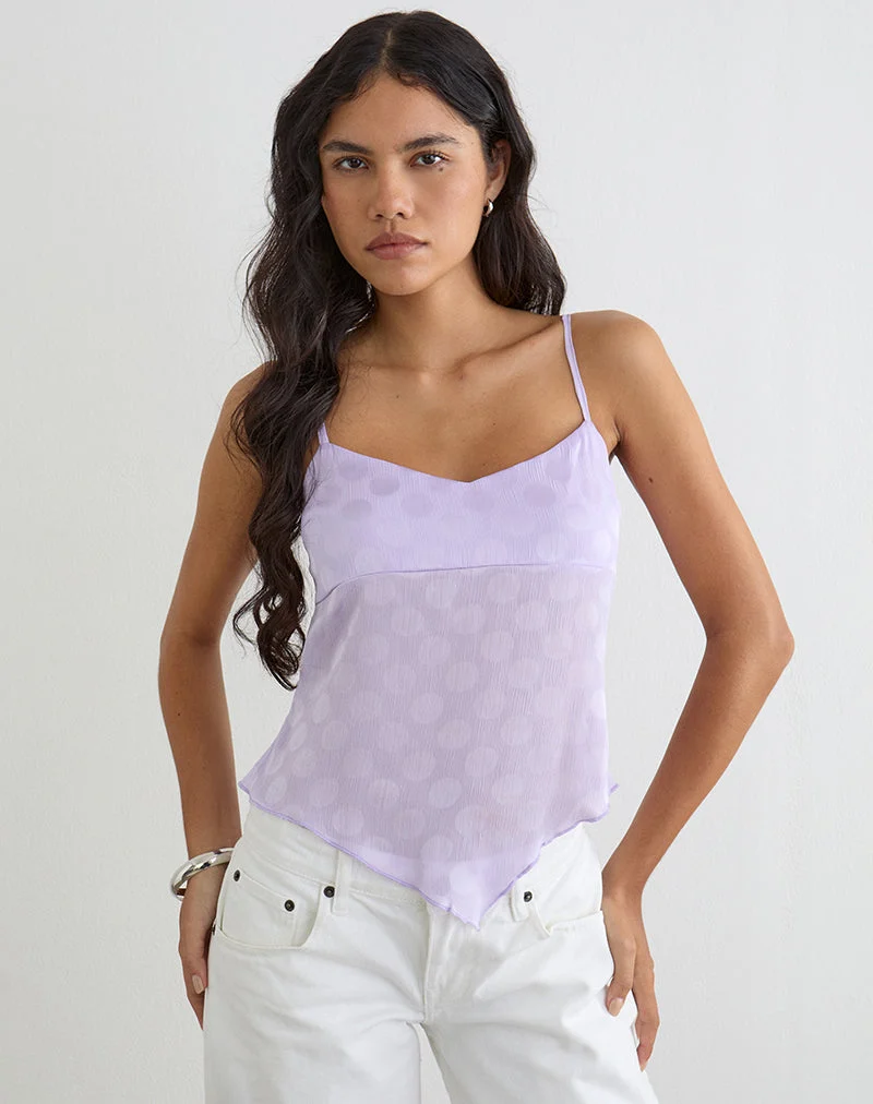 Mirelle Cami-Top im Taschentuch-Stil aus Chiffon mit lila Polka-Dots