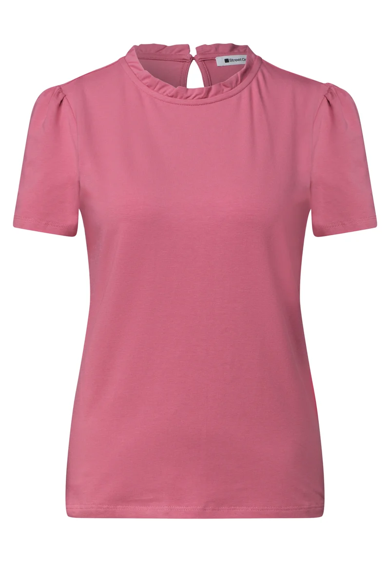 frill neck shirt w.puff sleeve, blush berry