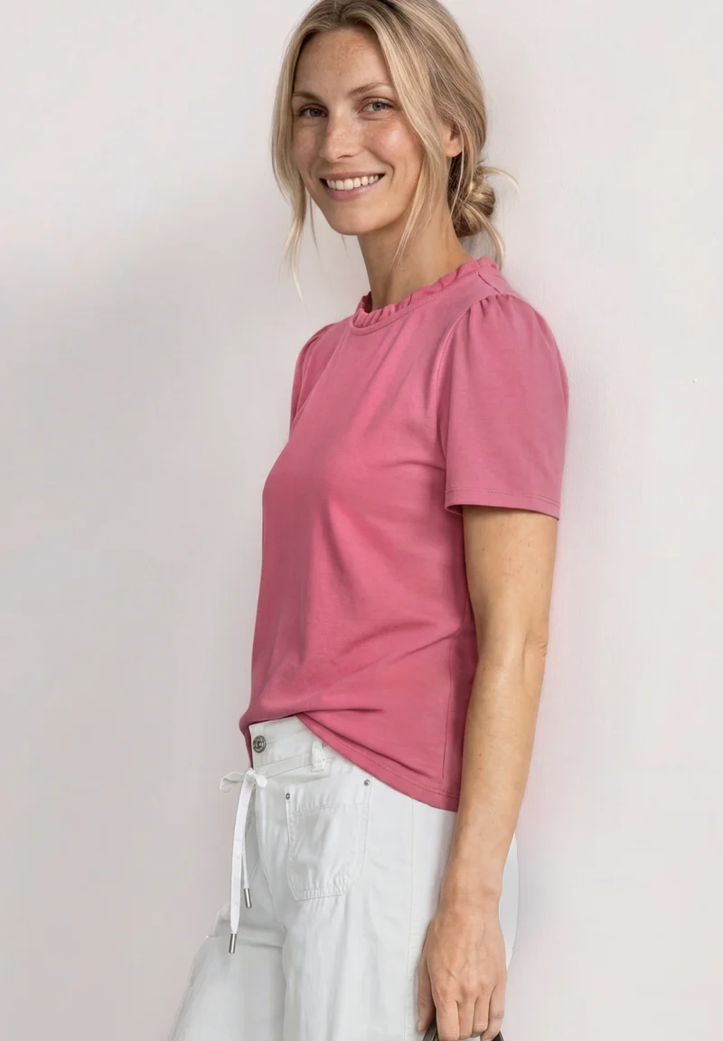 frill neck shirt w.puff sleeve, blush berry