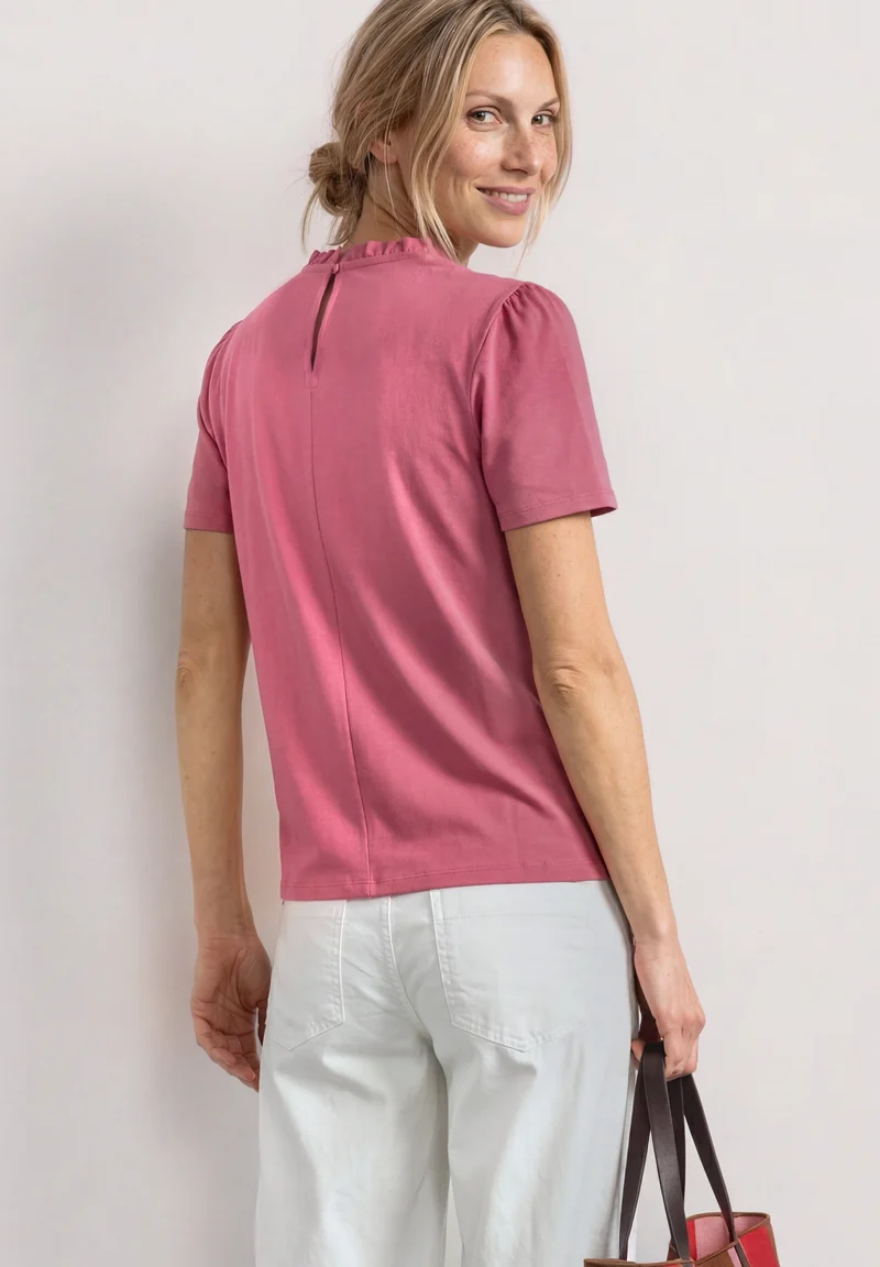 frill neck shirt w.puff sleeve, blush berry