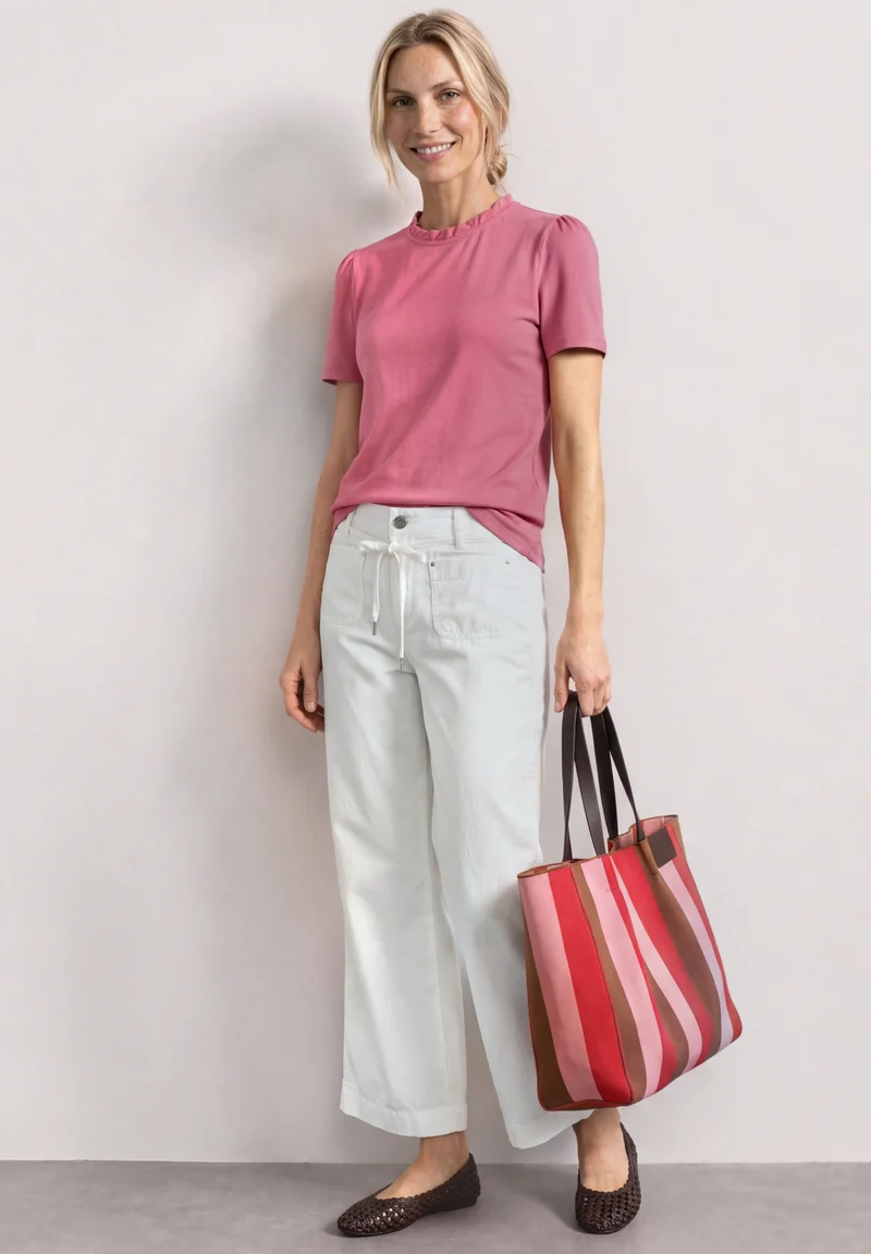 frill neck shirt w.puff sleeve, blush berry