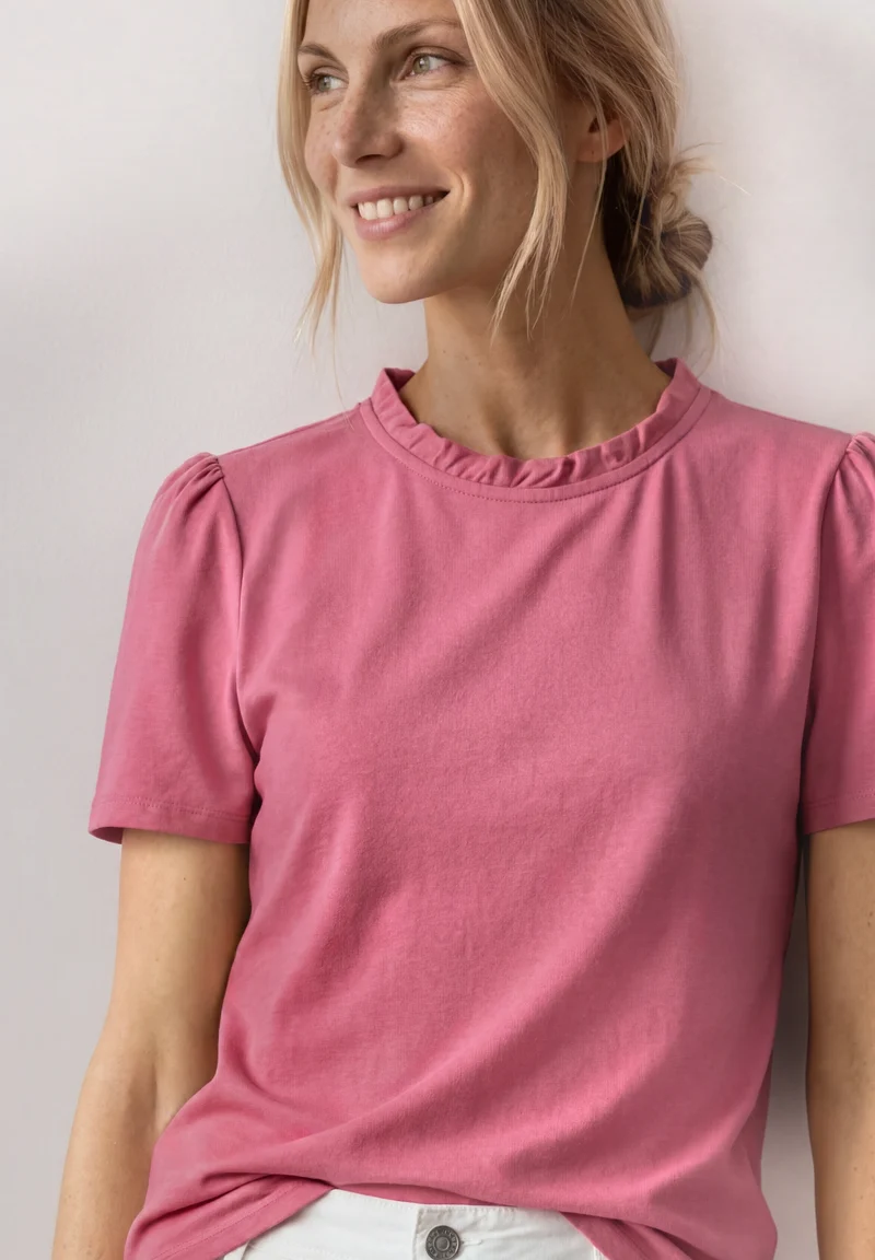 frill neck shirt w.puff sleeve, blush berry