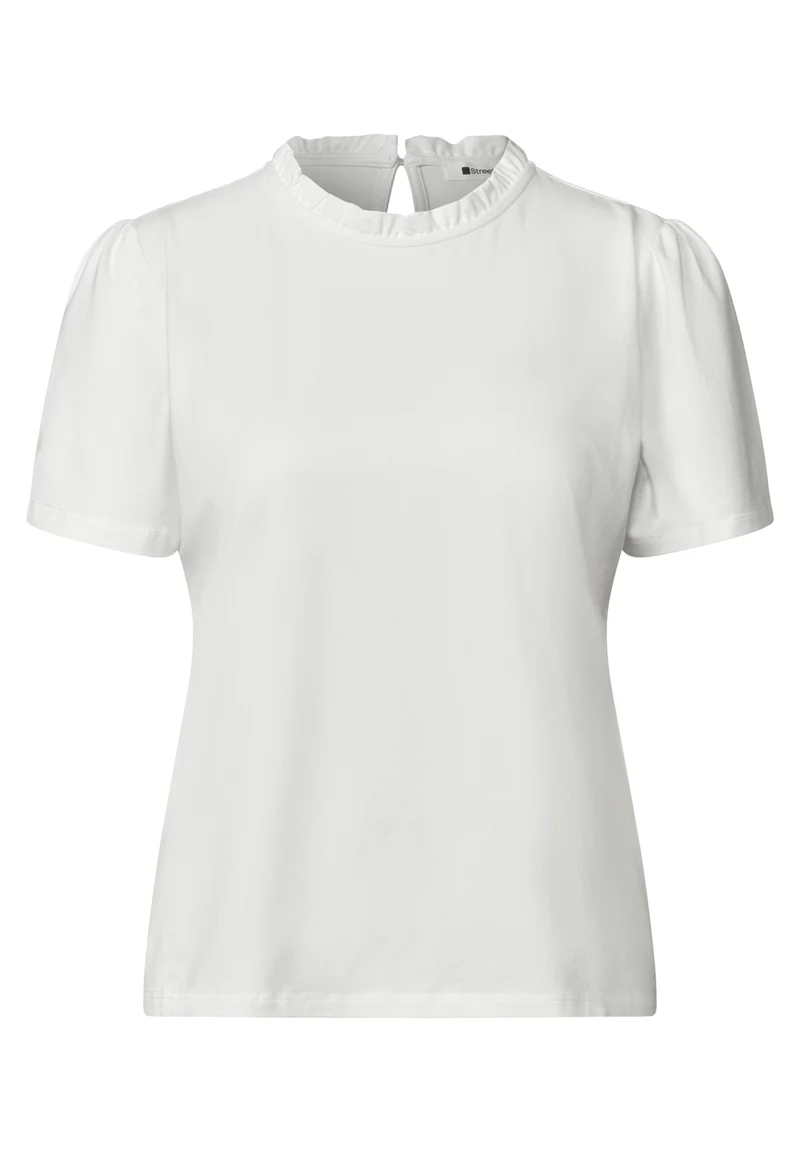 frill neck shirt w.puff sleeve, off white