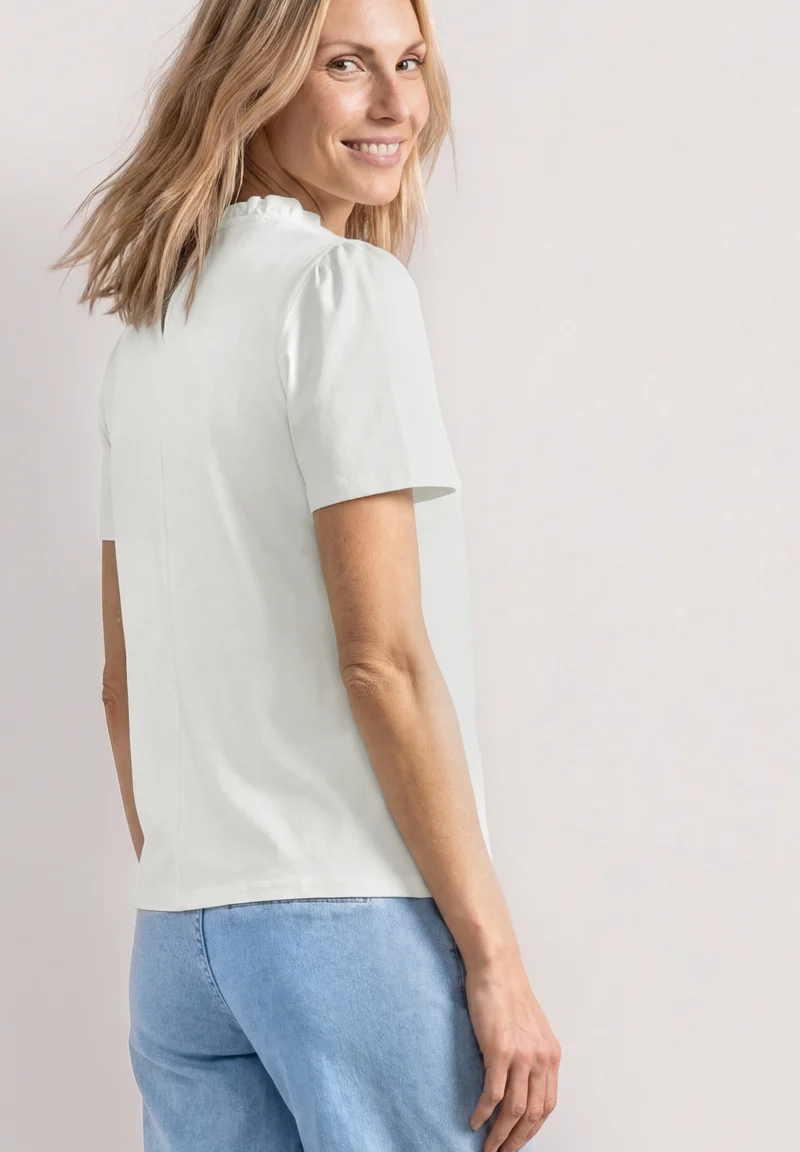 frill neck shirt w.puff sleeve, off white