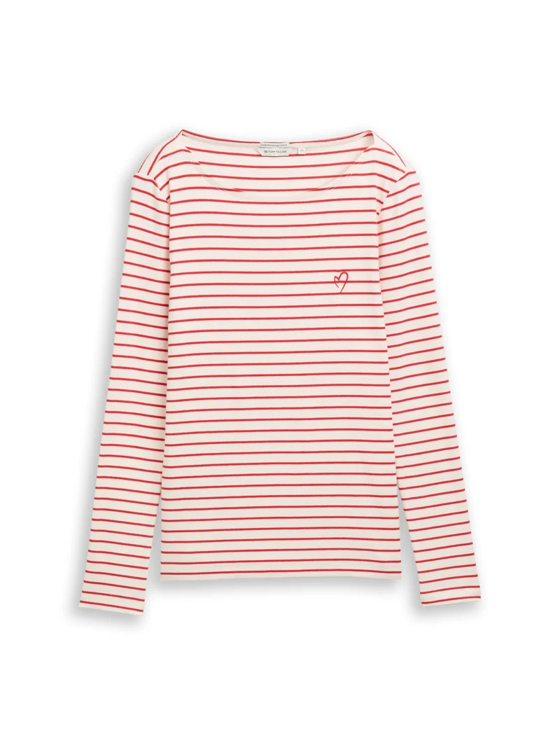 T-Shirt striped boatneck, red offwhite stripe
