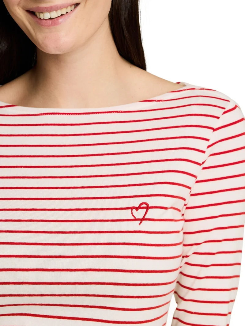 T-Shirt striped boatneck, red offwhite stripe