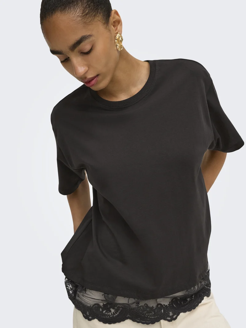 ONLVIVVI S/S LACE BOTTOM TOP JRS NO, Chocolate Torte/Chokolate torte lac