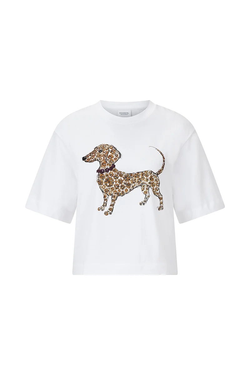 Gentle Fit T-Shirt with Dog Print, white