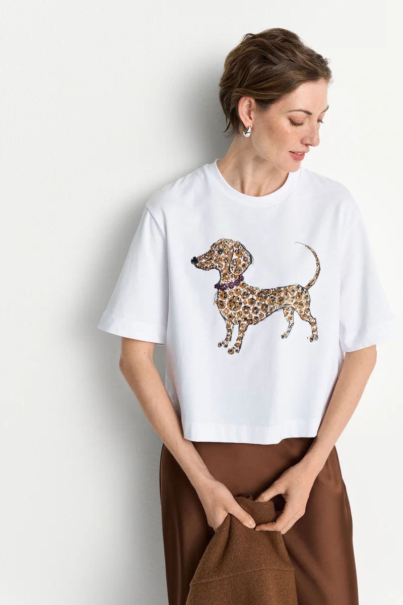 Gentle Fit T-Shirt with Dog Print, white