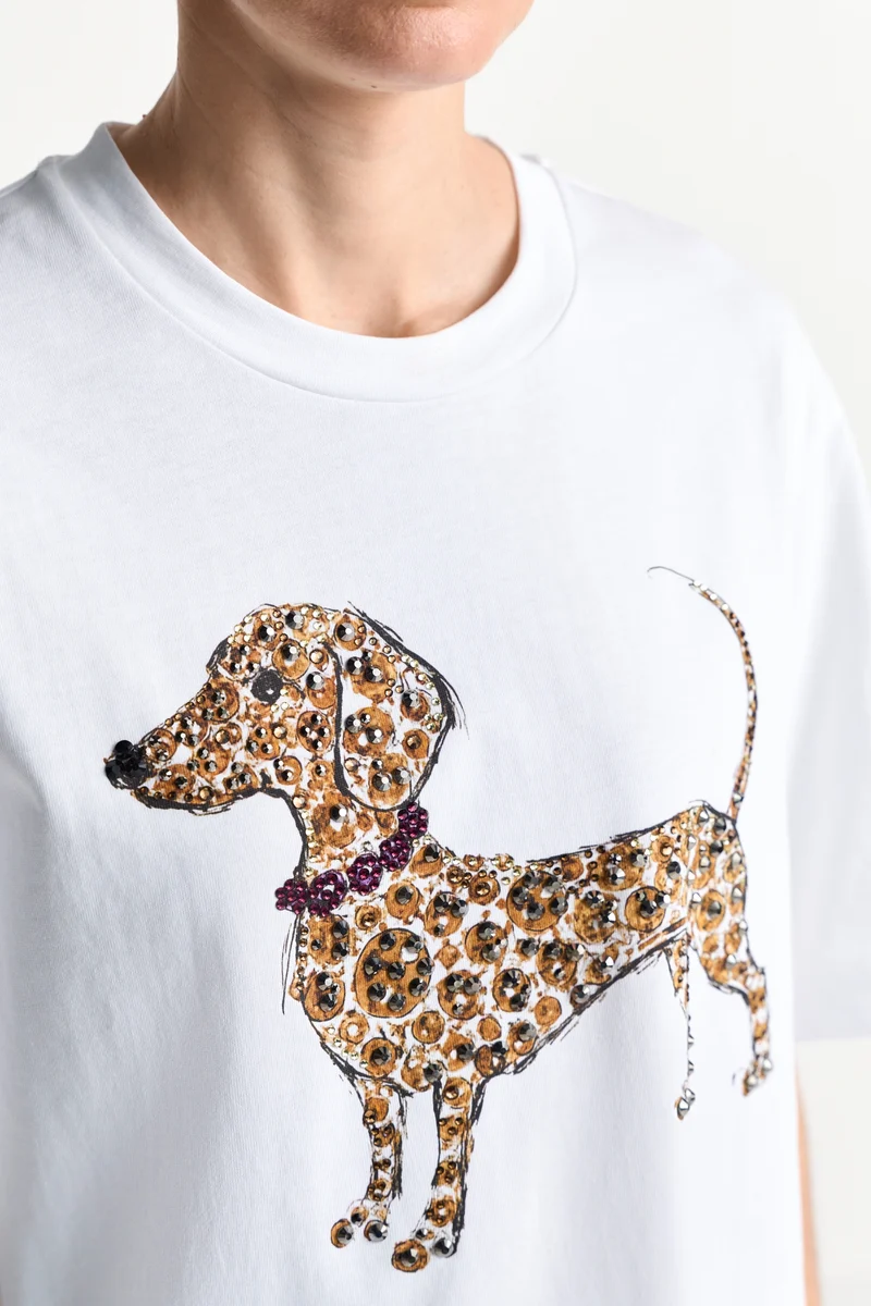 Gentle Fit T-Shirt with Dog Print, white