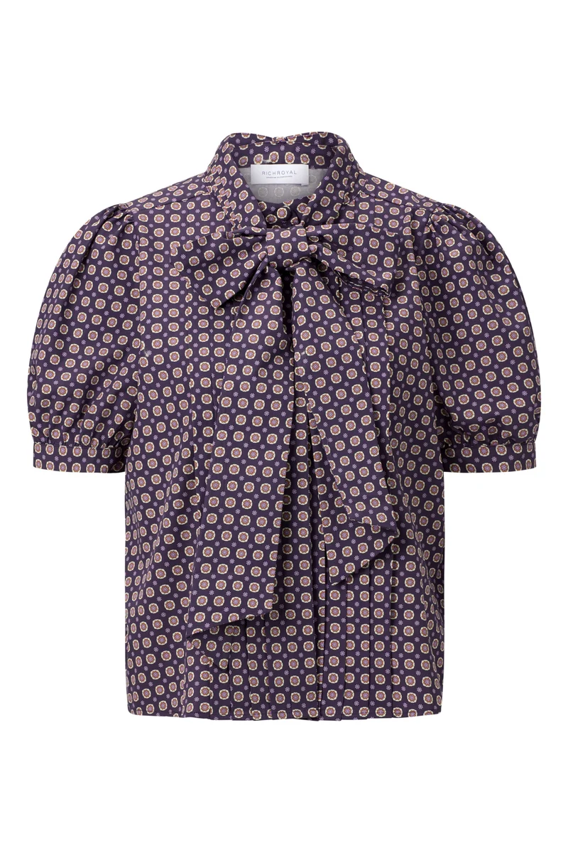 Printed Cotton Blouse with Bow, mulberry
